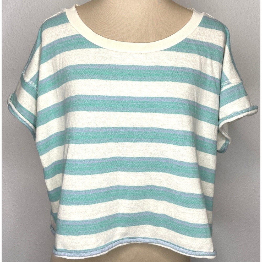 By Together Womens Knit Top Striped Cropped Boxy Short Sleeve Medium Teal Cream